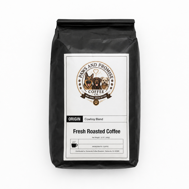 Paws & Promise Cowboy Blend Coffee 12 oz bag, dark and medium roast, whole bean or ground