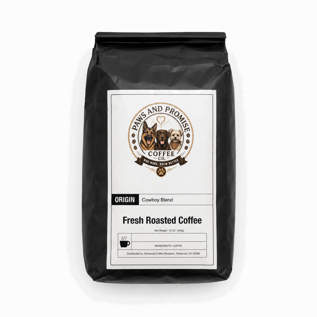 Paws & Promise Cowboy Blend Coffee 12 oz bag, dark and medium roast, whole bean or ground