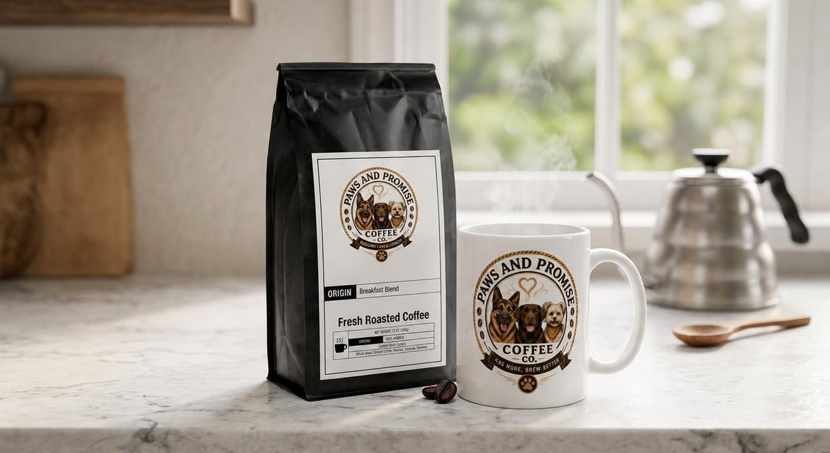 Paws & Promise Daily Brew Starter Pack: 12 oz coffee bag and 11 oz white ceramic mug gift set